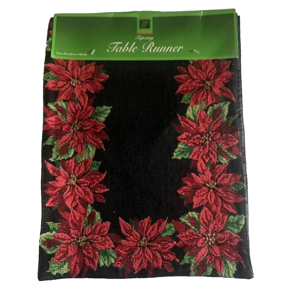 Christmas Poinsettia Table Runner Tapestry Satin Backed Winter Holiday 13x72